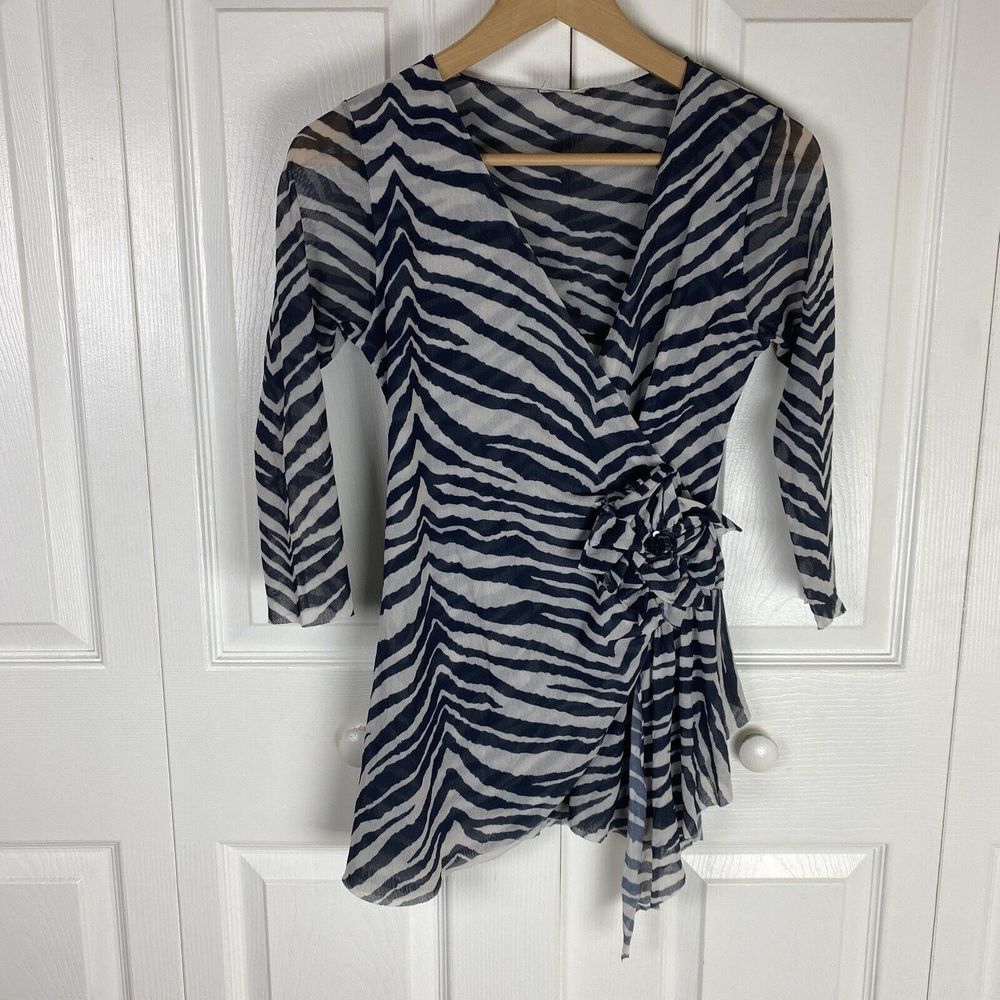 Johnny Heaven M Mesh Y2K Top Blouse Zebra Animal Print Sequin Wrap Art To Wear